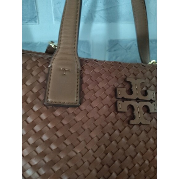 TORY BURCH THEA Tobacco Brown WOVEN Leather Center Zip Handbag READ - Picture 4 of 16